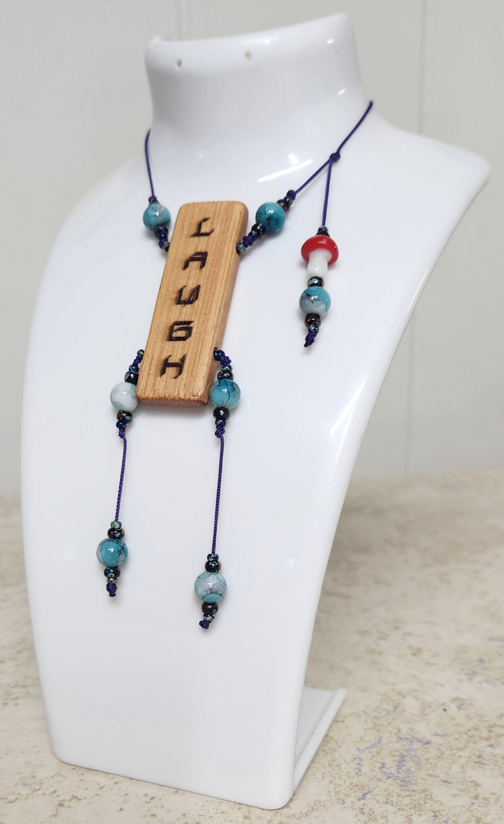 (image for) LAUGH Inspirational Word Necklace - Turquoise Painted Glass Beads with Picasso Seed Beads and a Glass Mushroom