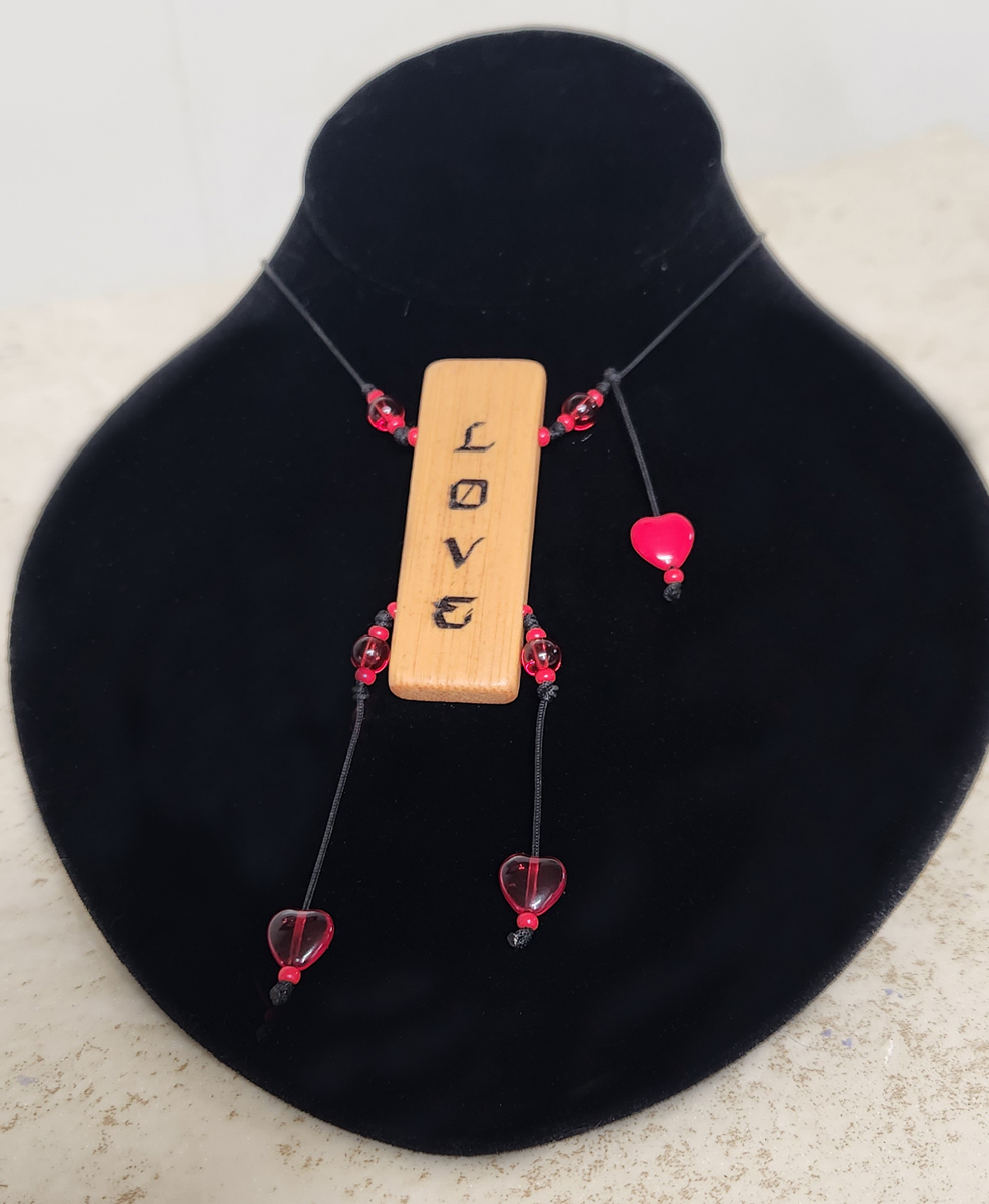 (image for) LOVE Inspirational Word Necklace - Red Clear Hearts Red Opaque Heart Charm