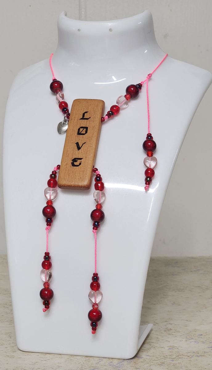 (image for) LOVE Inspirational Word Necklace - Red Miracle Beads Hearts and Metal Heart Charm - Click Image to Close