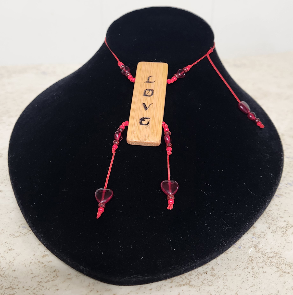 (image for) LOVE Bamboo Inspirational Necklace - Red Glass Hearts Red Cord - Click Image to Close