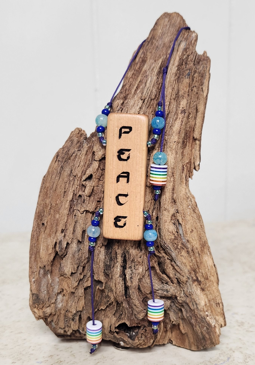 (image for) PEACE Inspirational Word Necklace - Blue Painted Glass Beads, Purple Cord - Click Image to Close