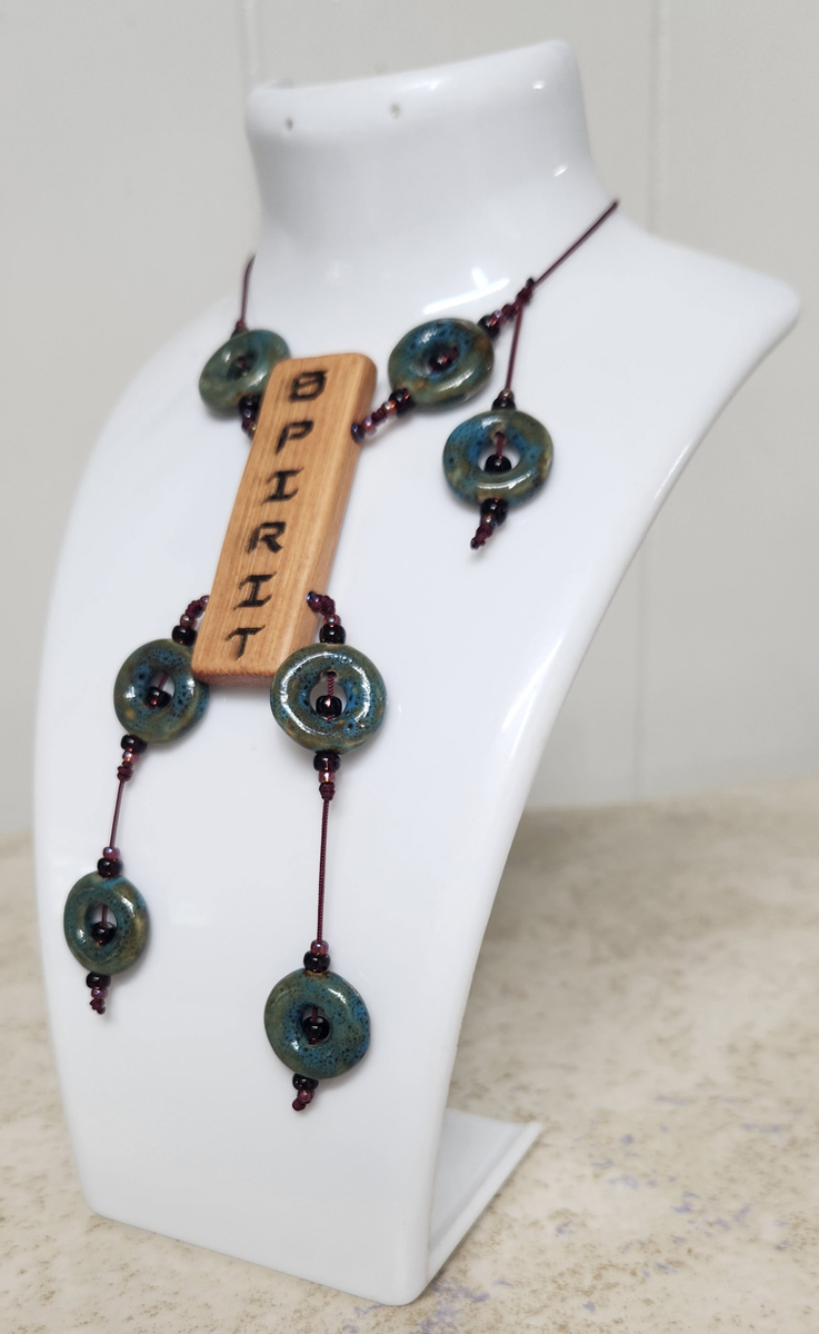 (image for) SPIRIT Inspiration Word Necklace - Baked Glazed Olive Green and Blue Donut Beads - Click Image to Close
