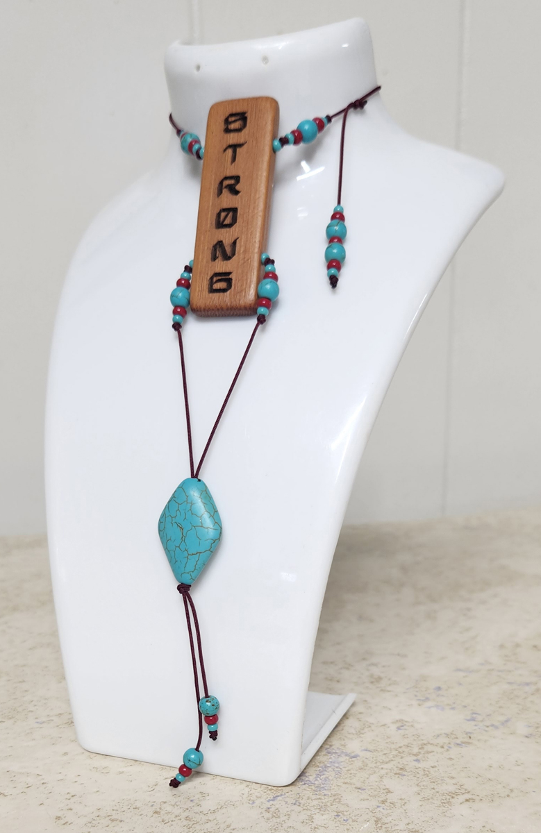 (image for) STRONG Inspirational Word Necklace - Howlite Turquoise and Red Beads - Click Image to Close